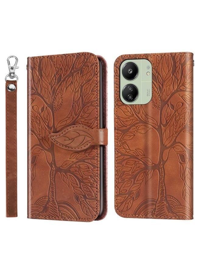 HuHa - Case Cover For Xiaomi Redmi 13C 4G / 5G Life Tree Embossing Pattern Leather Phone Case Brown - Image 1