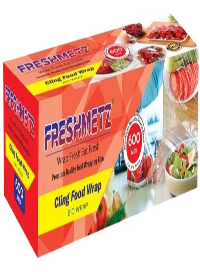 FRESHMETZ لفة غلاف بلاستيكي لاصق 2.2 كجم (600 متر) | غلاف طعام شفاف خالٍ من مادة BPA | غلاف بلاستيكي صناعي للمطابخ بسماكة 10 ميكرون | غير لاصق، آمن للاستخدام في الميكروويف | عبوة كبيرة للتموين - Image 1