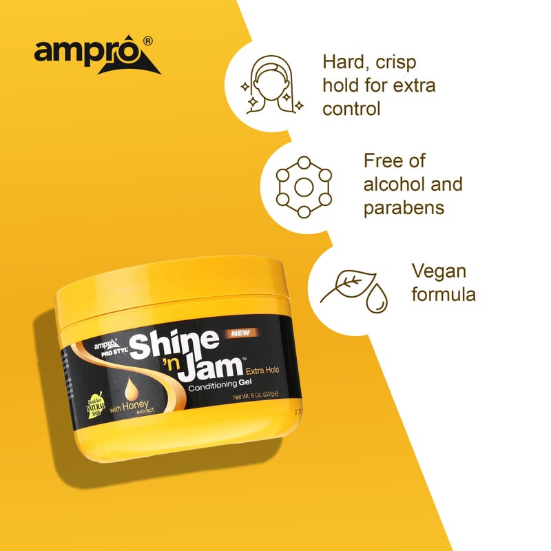 AmPro Shine-n-Jam Maximum Hold - Infused with Honey Extract to Strengthen Hair - Great for Taming Fringe, Ponytails, Soft Weaves, and Braids - Keeps Tresses Firm with Non-Greasy Shine - 8 oz - Image 5