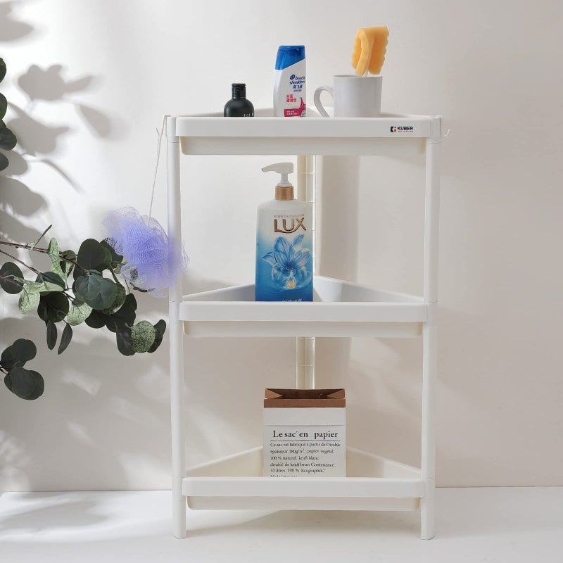 Kuber Industries Corner shelf For Bathroom|3 Layer Triangle Rack for Storage|Plastic shelf For Bathroom, Kitchen|Bathroom shelf Organizer|White - Image 1