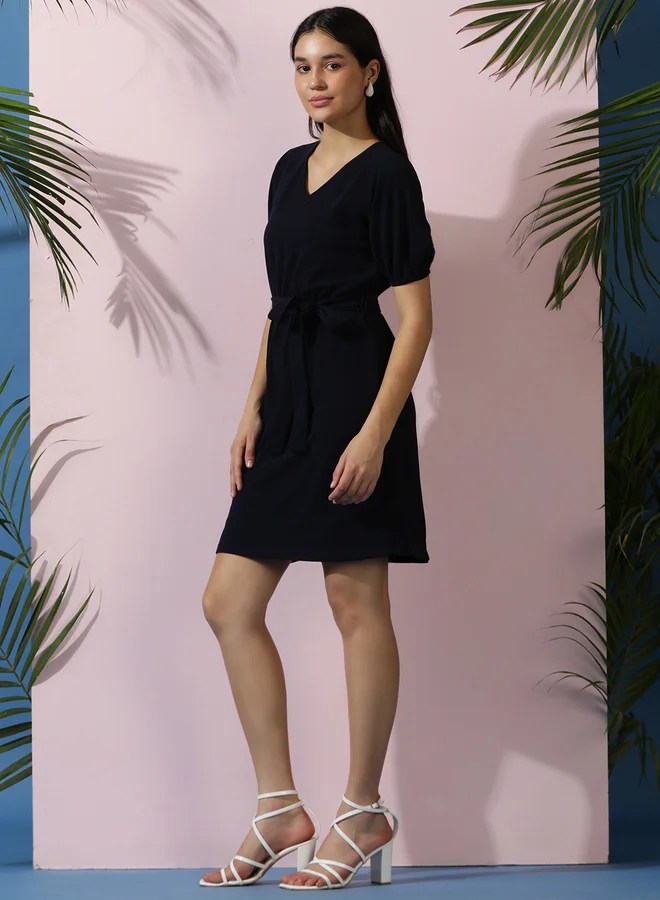 Kotty Belted Puff-Sleeve Dress