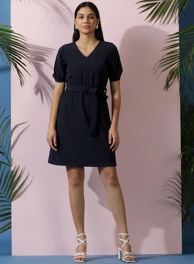 Kotty Belted Puff-Sleeve Dress