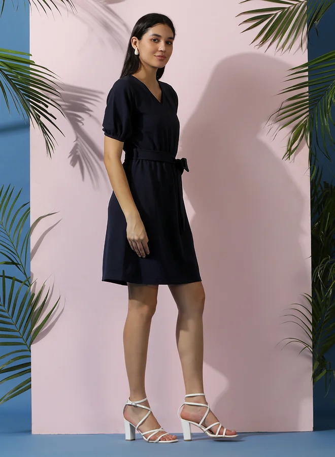 Kotty Belted Puff-Sleeve Dress