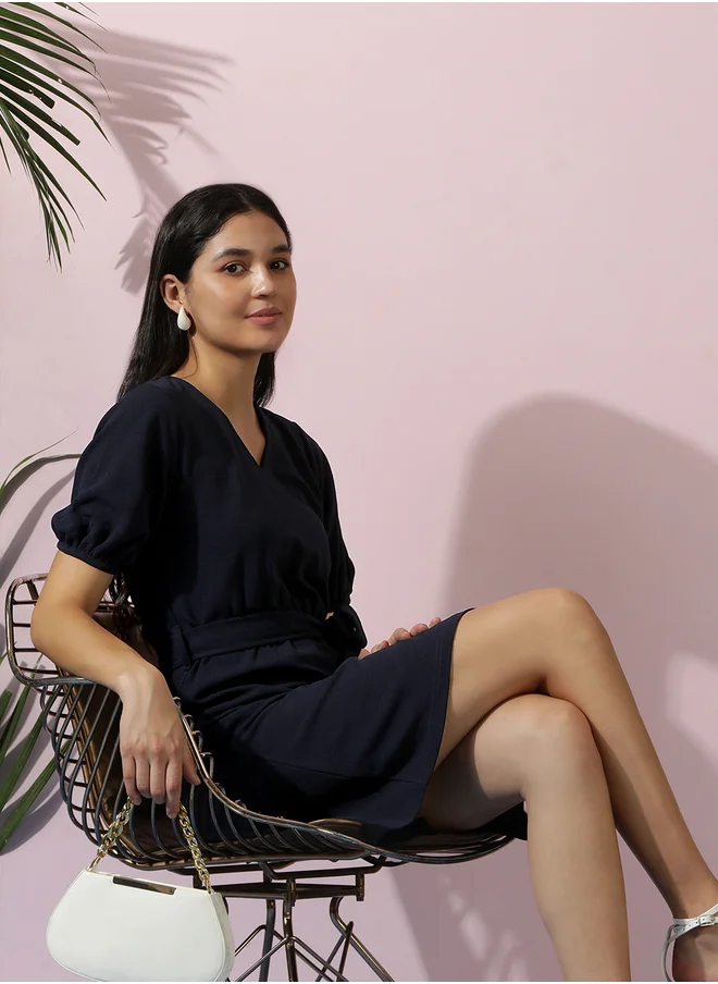 كوتي V Neck Puff Sleeves A-Line Mini Dress
