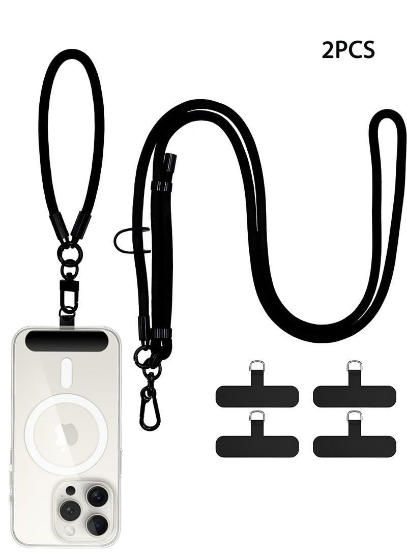 2-Piece Phone Lanyard, Universal Crossbody Phone Lanyard, Multi-Purpose Nylon Patch, Adjustable Shoulder and Neck Straps, Compatible with Most Smartphones, Two Lengths,4 Phone Tabs (Black)  - Image 1