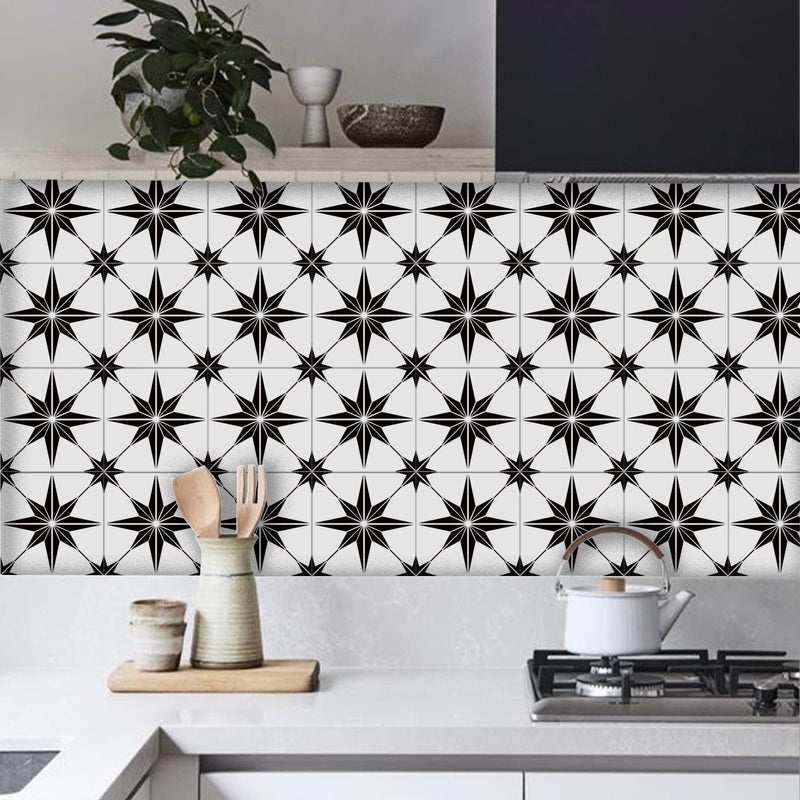 ملصقات بلاط الفينيل 12 قطعة 20 سم × 20 سم من ألويس بون، ملصقات بلاط لاصقة غير قابلة للانزلاق لنقلها، ملصقات بلاط لاصقة ذاتية لحمام المطبخ، بلاط لاصق من PVC باللونين الأسود والأبيض