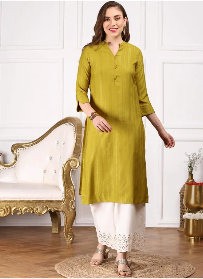آي شين Aline Fit Self Design Pattern Mandarin Collar Neck Three-Quarter Sleeves Mustard Colour Woven Cotton Kurtas for Women with Semi Elastic Closure - Elevate Your Fashion Game