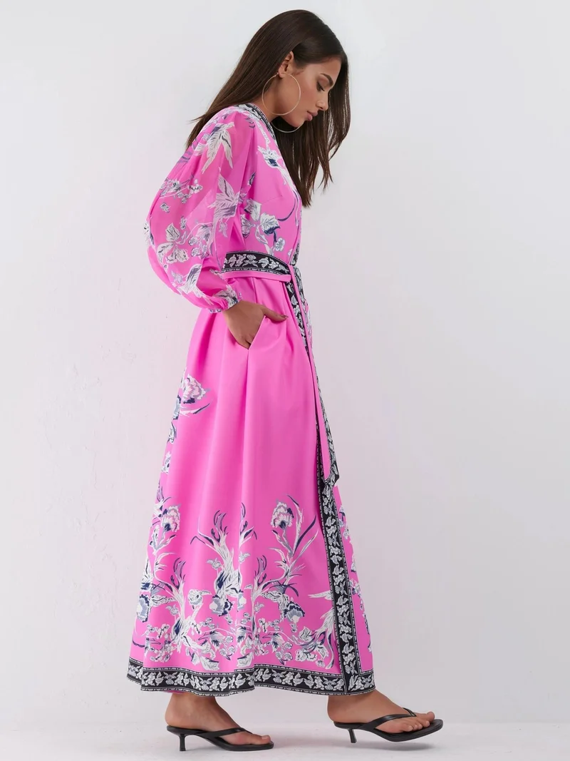Jennyfer Floral V-Neck Maxi Wrap Dress with Belt