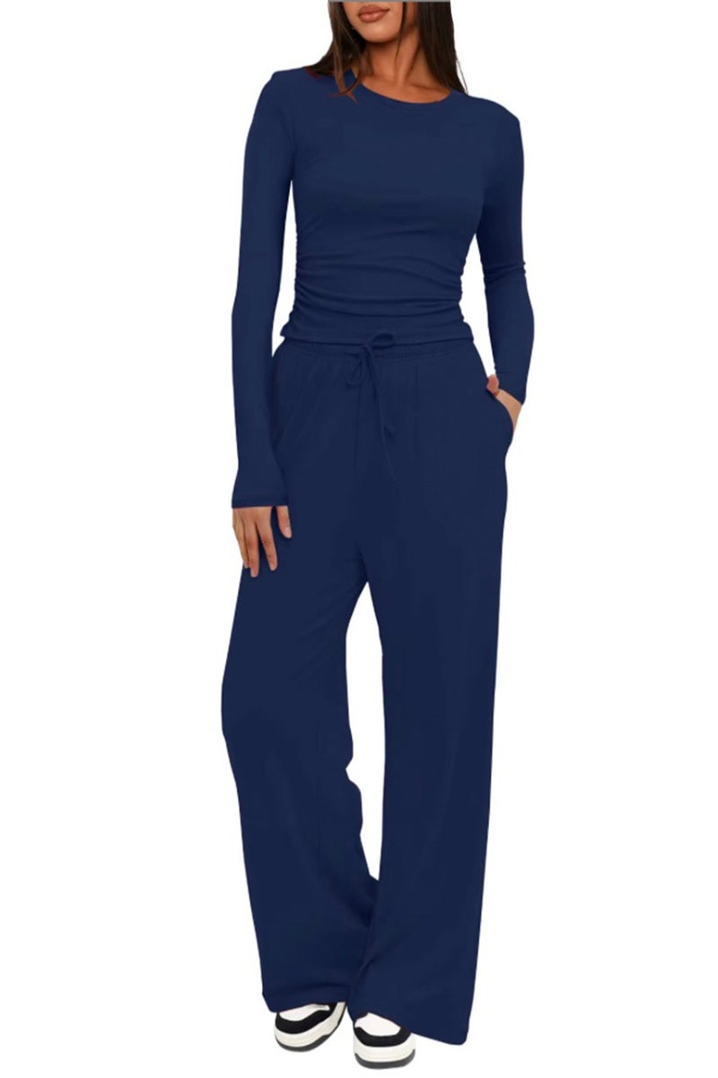 SOLOBUY Pyjamas Set Jersy Women's Long-Sleeved, Elastic Waist, Collar Round, Color Blue - Image 1