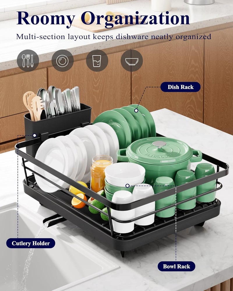 Kitsure 2-Tier Dish Drying Rack for Kitchen Counter, Stainless Steel Dish Drainer with Drainboard & Cutlery Holder, Kitchen Sink Organizer for Plates and Bowls, Black, 30 × 39 × 31 cm - Image 2