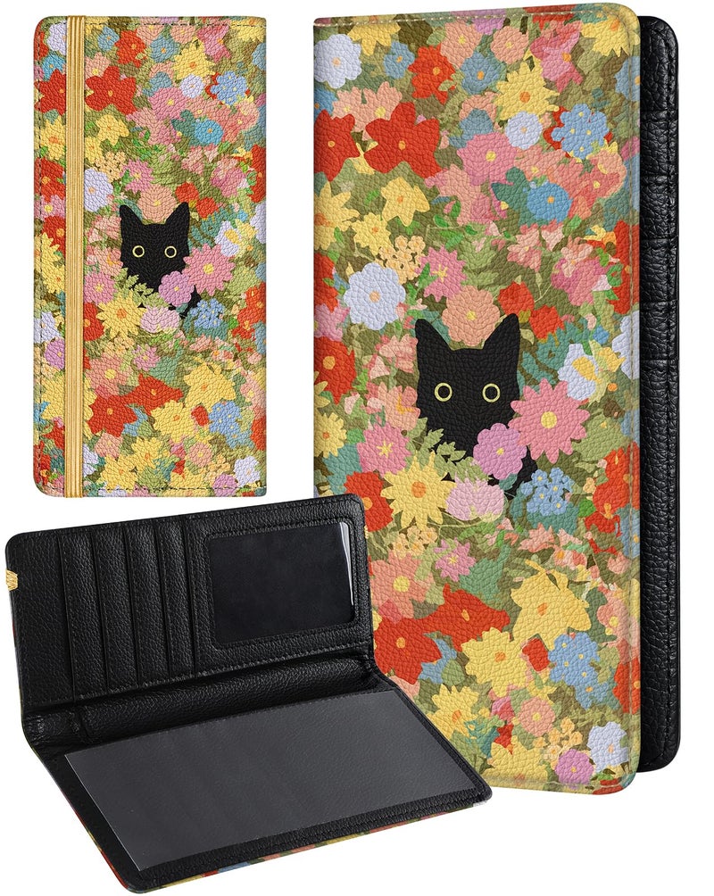 Slohif Checkbook Cover for Personal Duplicate Checks - Women Check Book Wallet Holder Colourful Flower Cat Top Side Tear - Image 1
