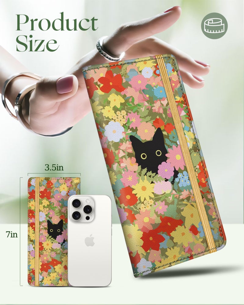 Slohif Checkbook Cover for Personal Duplicate Checks - Women Check Book Wallet Holder Colourful Flower Cat Top Side Tear - Image 2