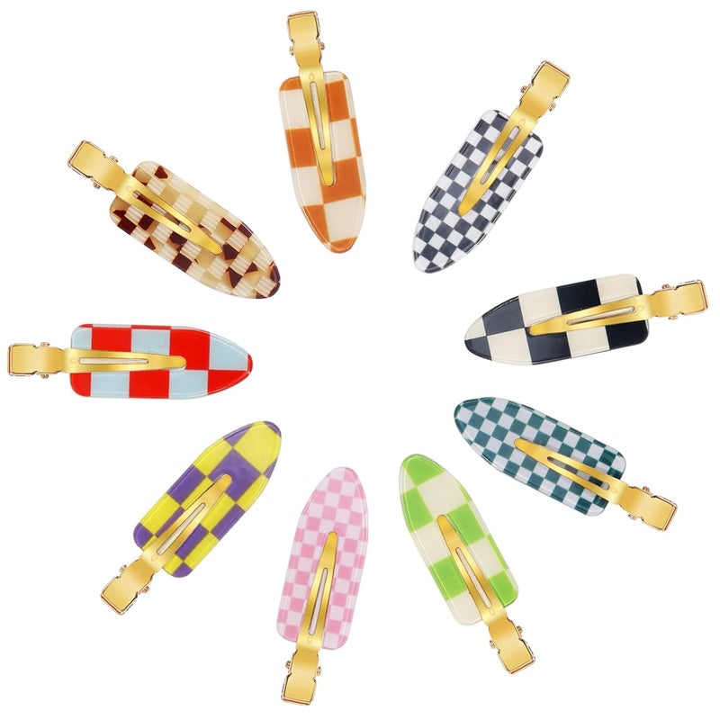 9PCS No Bend Hair Clips Checkerboard No Crease Curl Pins Acrylic Resin Flat Styling Colorful Bang Seamless Duckbill Barrette for Makeup Hairstyle Accessories for Women Girls