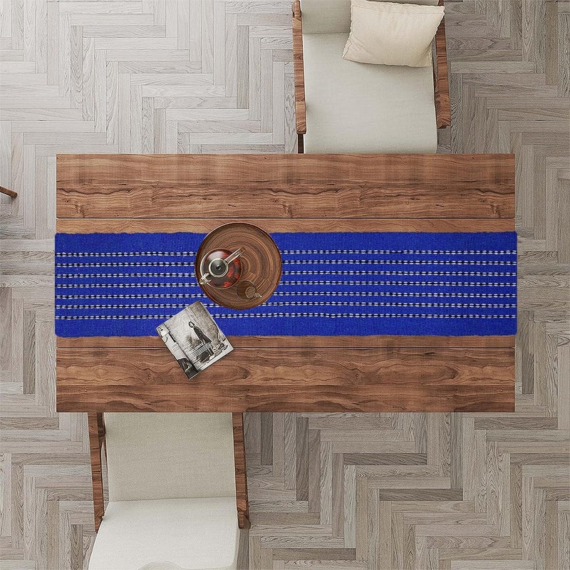 STONEMUNK Cotton Table Runner 13'' x 72'' Eco-Friendly Hand-Made Cotton Runner for Parties, Dining Table, Wedding, Boho Runner - (Knotted - Blue) - Image 2