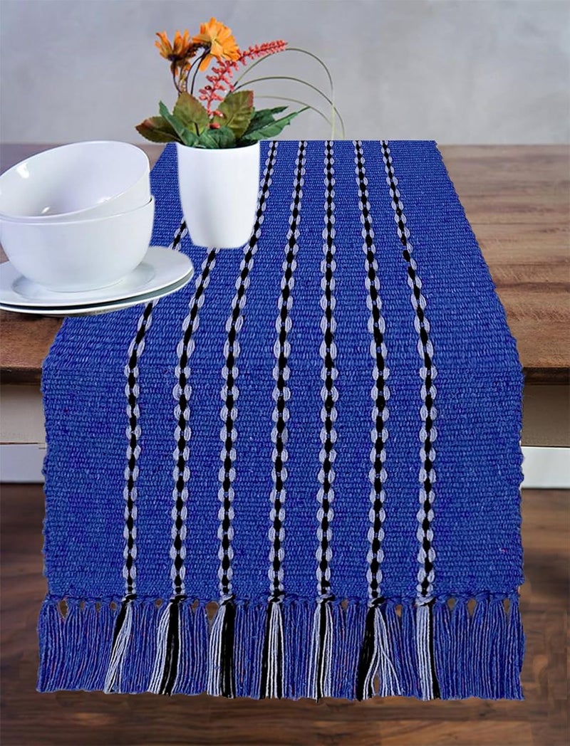 STONEMUNK Cotton Table Runner 13'' x 72'' Eco-Friendly Hand-Made Cotton Runner for Parties, Dining Table, Wedding, Boho Runner - (Knotted - Blue) - Image 1