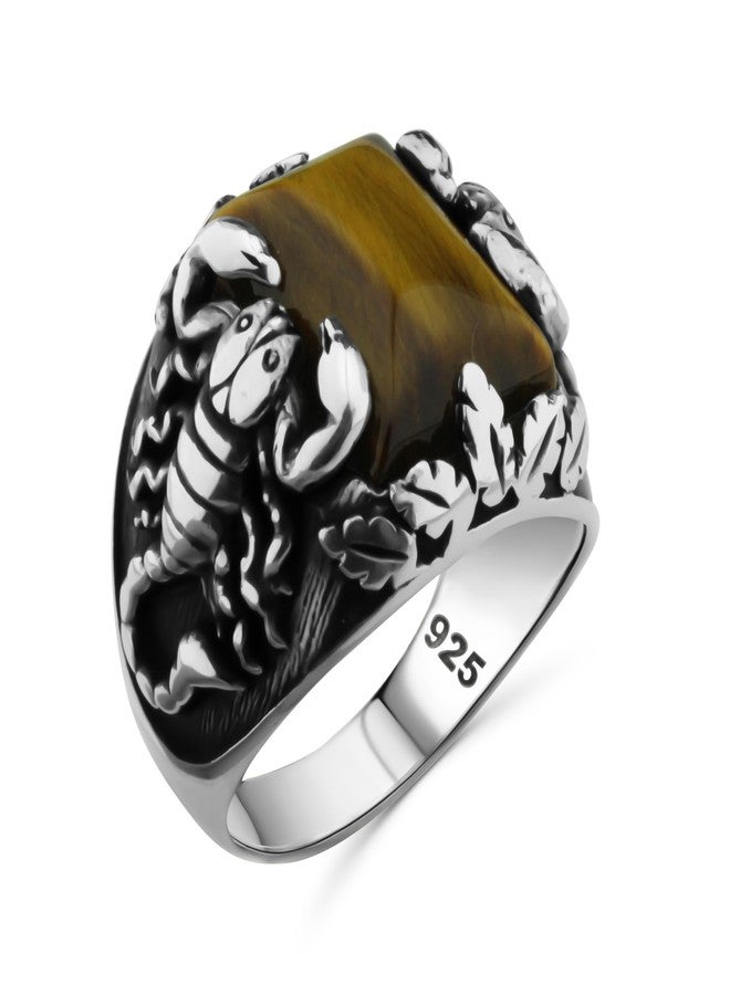 Babylon Silver خاتم رجالي بتصميم عقرب من الفضة الإسترليني عيار 925 مرصع بحجر عين النمر الطبيعي، مصنوع من المعدن والحجر، عين النمر - Image 1