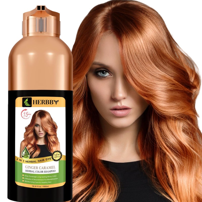 HERBBY Hair Color Shampoo for Gray Hair Coverage&Color Transform with 9 Herbal Extracts â€“Long Lasting(6-8 Weeks),Shiny,Evenly Colored,Instant Hair Dye Shampoo&Conditioner,500 Ml (GINGER CARAMEL COLOR) - Image 1