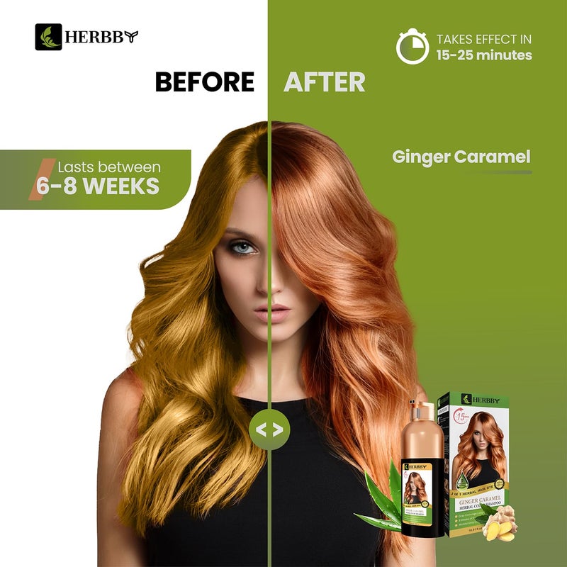 HERBBY Hair Color Shampoo for Gray Hair Coverage&Color Transform with 9 Herbal Extracts â€“Long Lasting(6-8 Weeks),Shiny,Evenly Colored,Instant Hair Dye Shampoo&Conditioner,500 Ml (GINGER CARAMEL COLOR) - Image 2