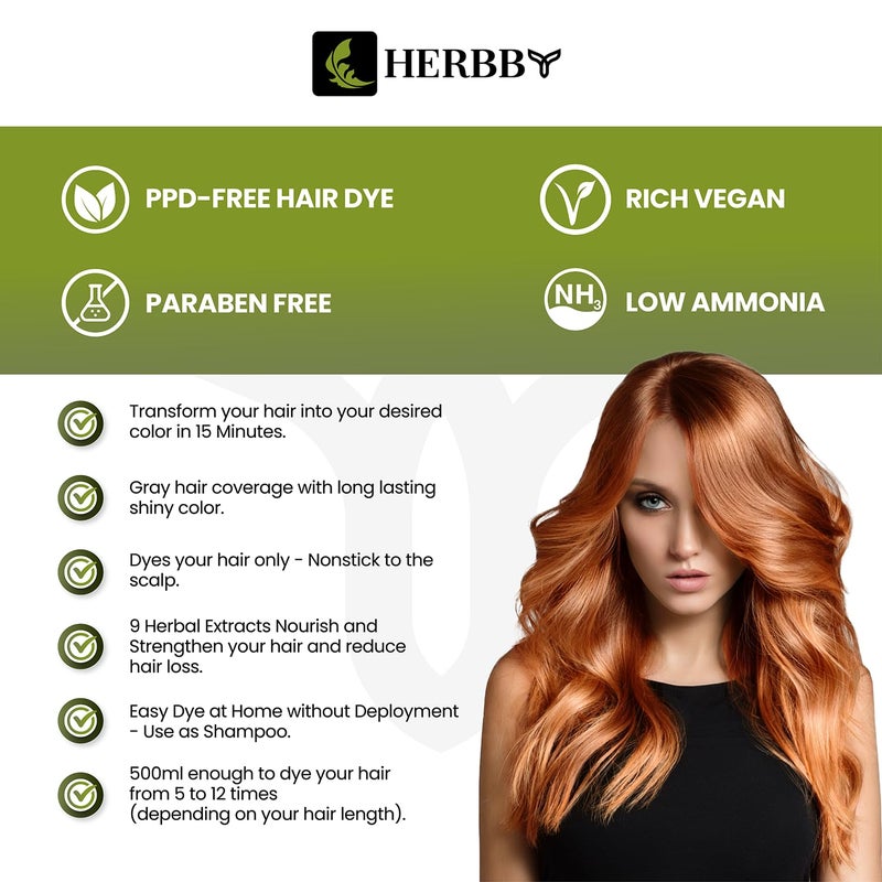 HERBBY Hair Color Shampoo for Gray Hair Coverage&Color Transform with 9 Herbal Extracts â€“Long Lasting(6-8 Weeks),Shiny,Evenly Colored,Instant Hair Dye Shampoo&Conditioner,500 Ml (GINGER CARAMEL COLOR) - Image 3