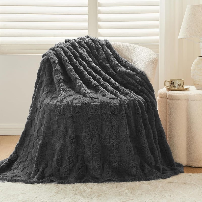 Wajade Fleece Throw Blanket, Fluffy Faux Fur Blanket for Bed Sofa Couch, Soft Cosy Warm Thick Blanket,Checkered Dark Grey 127x178 - Image 1
