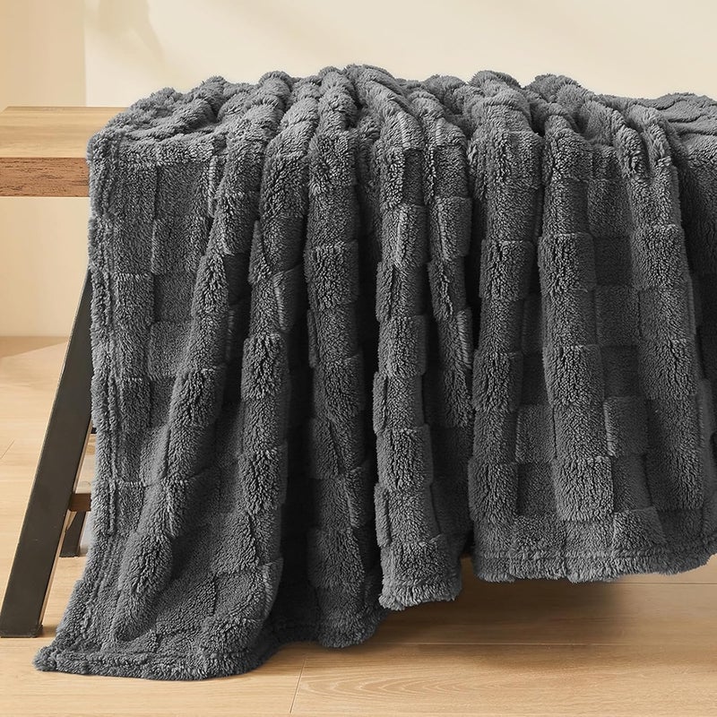 Wajade Fleece Throw Blanket, Fluffy Faux Fur Blanket for Bed Sofa Couch, Soft Cosy Warm Thick Blanket,Checkered Dark Grey 127x178 - Image 5