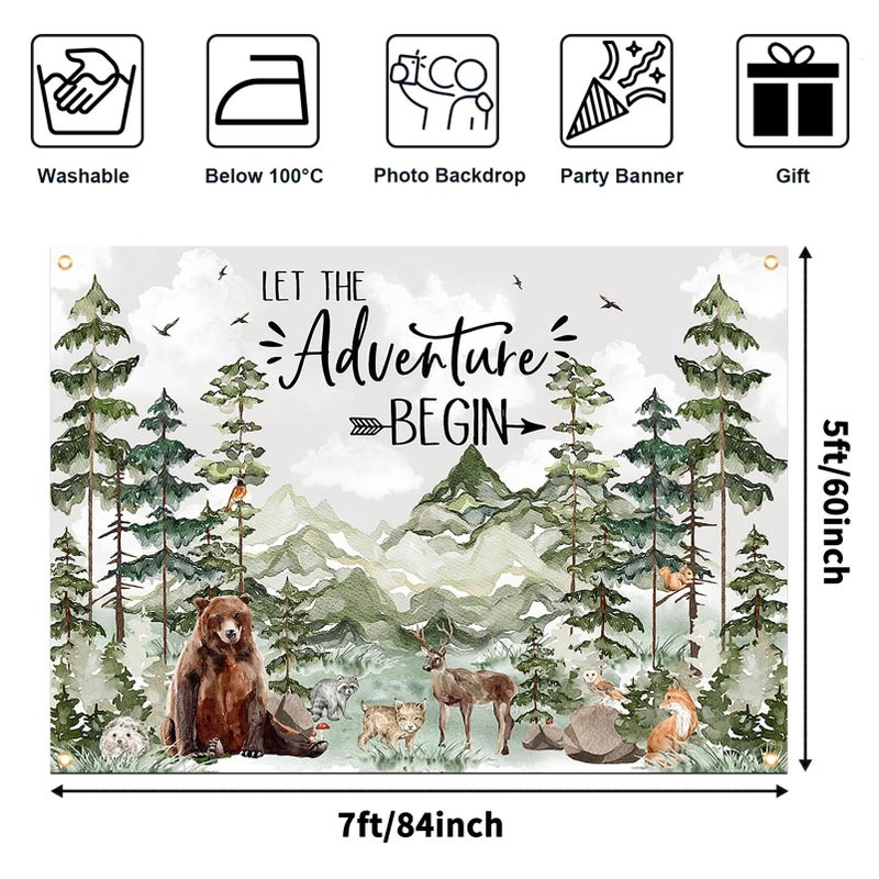 Avezano Woodland Baby Shower Backdrop Woodland Animals Baby Shower Decorations Adventure Forest Mountain Wilderness Photography Background Let The Adventure Begin Banner (7x5ft, Green) - Image 4