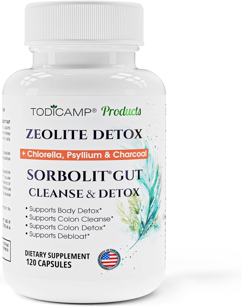 TODICAMP SORBOLIT Zeolite Detox Colon Cleanse  ChlorellaActivated Charcoal  Psyllium Husk Fiber Debloat Formula for Gut Health Gut Cleanse Colon Detox  Digestive Balance  120 Vegan Capsules - Image 1