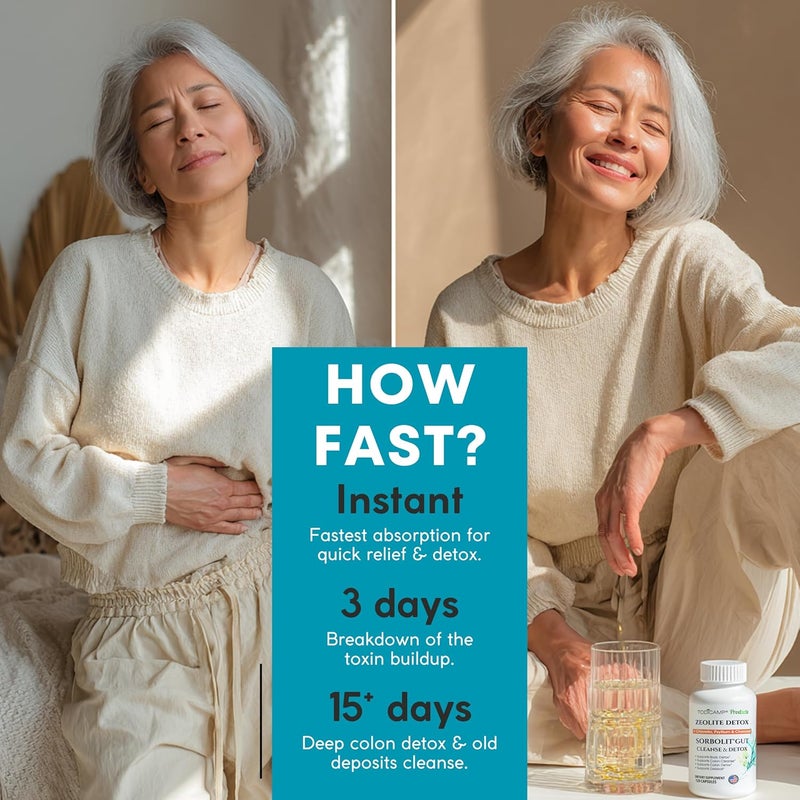 TODICAMP SORBOLIT Zeolite Detox Colon Cleanse  ChlorellaActivated Charcoal  Psyllium Husk Fiber Debloat Formula for Gut Health Gut Cleanse Colon Detox  Digestive Balance  120 Vegan Capsules - Image 4