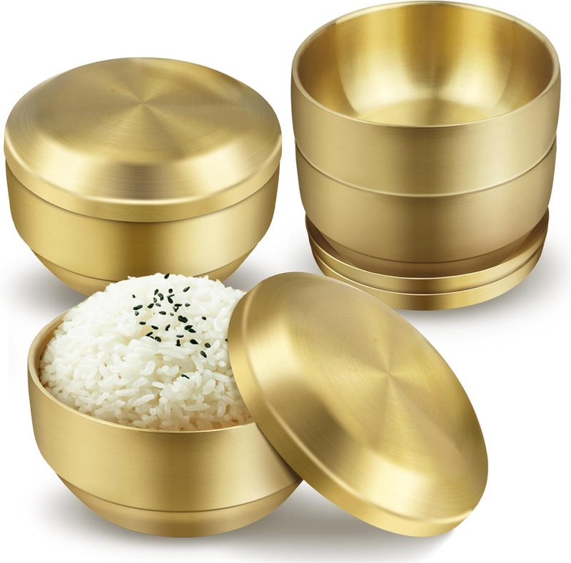 Roucerlin 4Pcs Stainless Steel Rice Bowl with Lid 4.7In, 13 oz Double-Walled Insulated Metal Snack Bowls, Small Metal Serving Bowls, Appetizer Bowls Gold for Sauces, Noodles, Ice Cream, Oat, Cereal (4) - Image 1