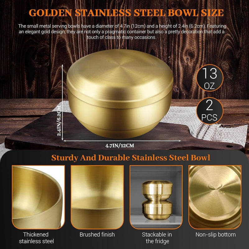 Roucerlin 4Pcs Stainless Steel Rice Bowl with Lid 4.7In, 13 oz Double-Walled Insulated Metal Snack Bowls, Small Metal Serving Bowls, Appetizer Bowls Gold for Sauces, Noodles, Ice Cream, Oat, Cereal (4) - Image 2