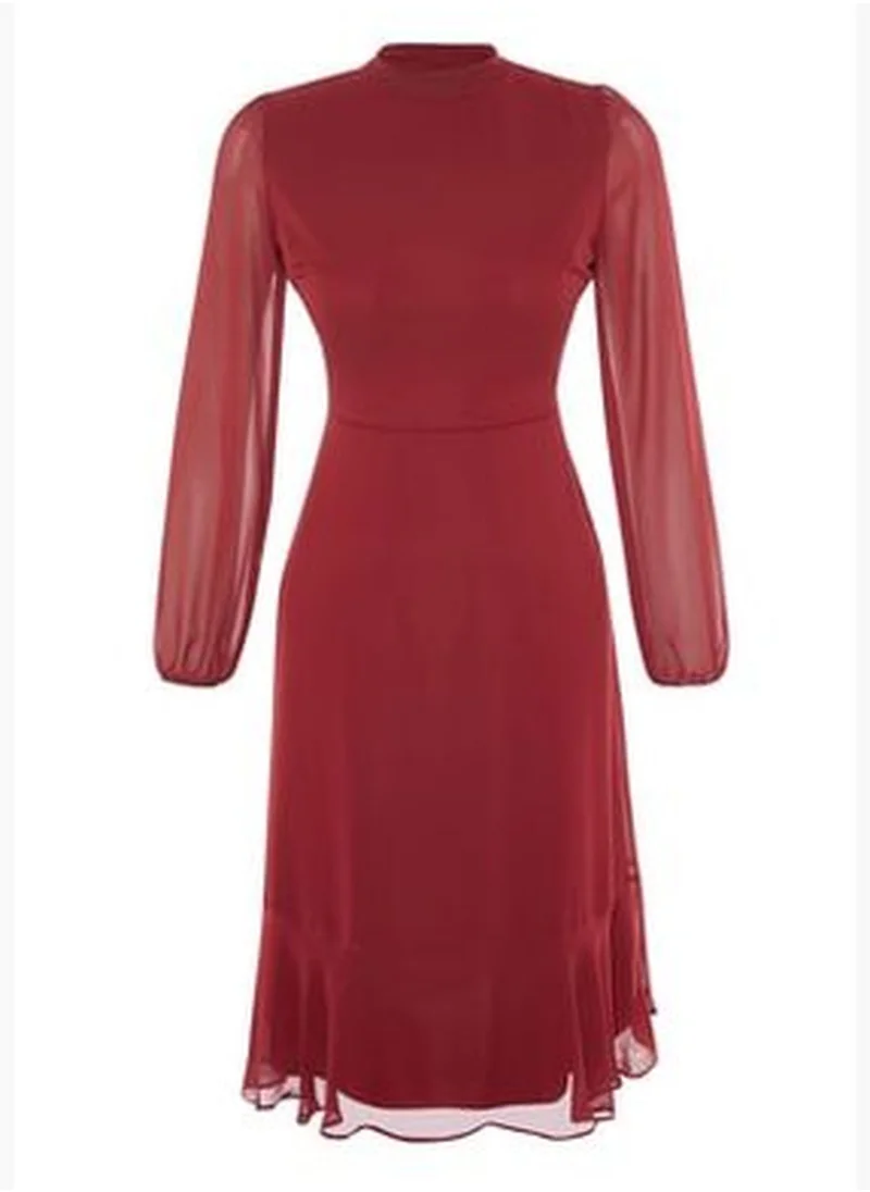trendyol Burgundy Stand-Up Collar Dress