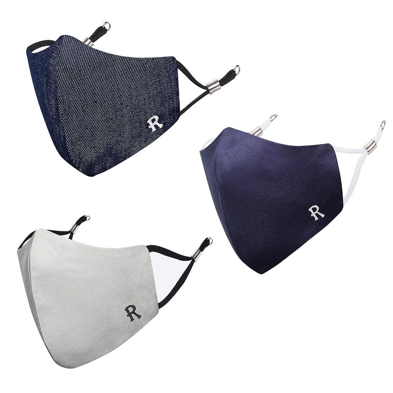MASQ Alphabet 4 Layer, Reusable, Breathable, Anti-Bacterial (BFE>99%) Embroidered 100% Pure Cotton Cloth Face Mask Combo with Ear Adjusters for Unisex, Men, Women (Navy-Grey-Denim) - Image 1