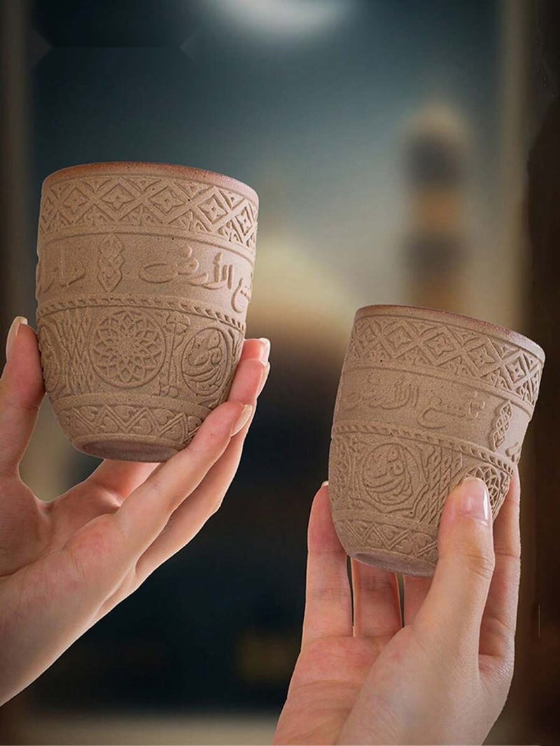135/200/280mlVintage Arabic Calligraphy EmbossedCeramic Coffee Cups, Traditional MiddleEastern Relief Pattern Qahwa Mug, RetroHand-Carved Porcelain Tea Cup, Ideal forMajlis Hospitality, Ramadan Iftar Gathering,Eid Gifting, Decorative Drinkware for ArabicCoffee, Latte & Home Table  Decor - Image 3