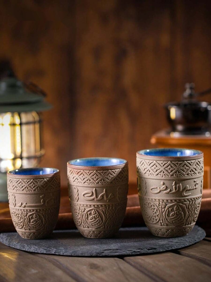 135/200/280mlVintage Arabic Calligraphy EmbossedCeramic Coffee Cups, Traditional MiddleEastern Relief Pattern Qahwa Mug, RetroHand-Carved Porcelain Tea Cup, Ideal forMajlis Hospitality, Ramadan Iftar Gathering,Eid Gifting, Decorative Drinkware for ArabicCoffee, Latte & Home Table  Decor - Image 2