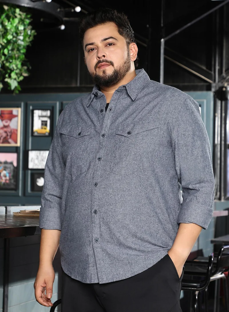 Instafab Plus  Men Utility-Brushed Shirt | Spread Collar, Long Button-Cuff Sleeves | Button Closure, Curved Hem | Solid Brushed | Woven Fabric For Plus Size Casual & Daily Wear | Aegean Blue for Men | Best Price UAE