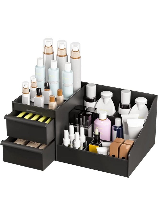 Qshare - Qshare Cosmetic Storage Box - Plastic 2 Drawer Cosmetic Storage Organizer Makeup Eyeshadow Lipsticks Jewelry Stationery, Cosmetic Organiser for Women, Vanity Display Case for Dressing Table (Black) - Image 1