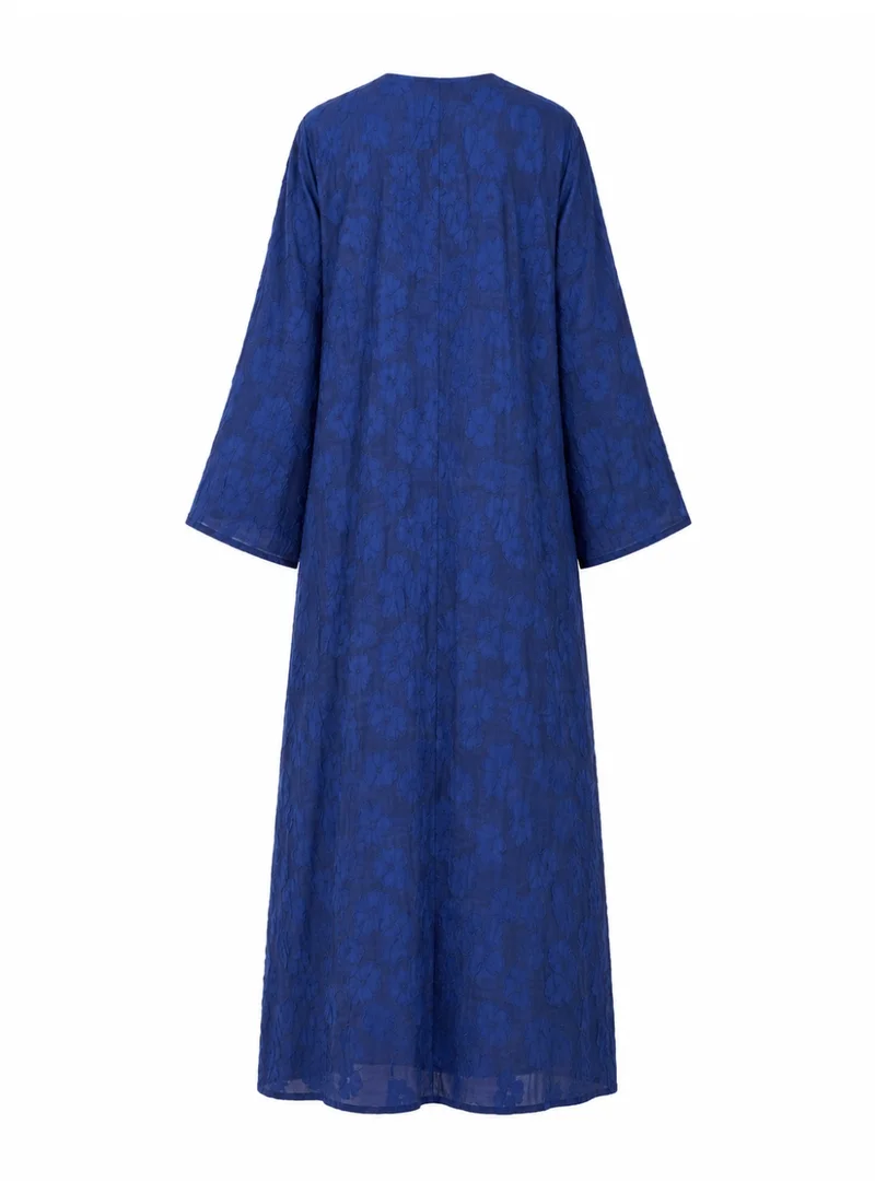 Amnad International Women's Denim Crepe Floral Jacquard Open Abaya with Matching Hijab, Sizes 52-60 inches