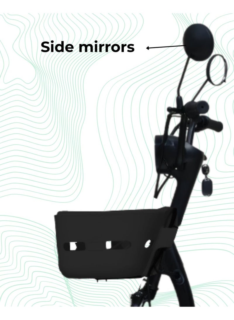كاميل دراجة كهربائية ITQ-2 Pro للبالغين، بقدرة 450 واط، إطارات مقاس 14 بوصة، مدى يصل إلى 65 كم، مزودة بمرايا جانبية وسلة، باللون الأسود. - Image 2