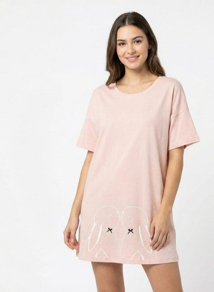 VANILLA Women's Cotton Sleep Shirt Dress, Pink, Casual Style, Short Sleeve, Cute Bunny Print Code 3520