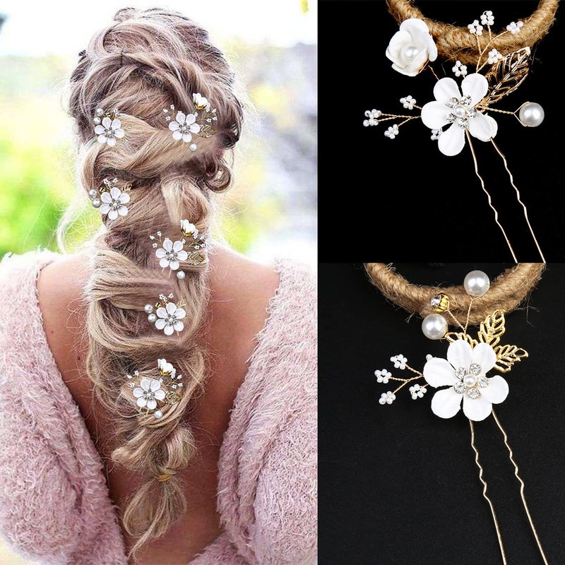 LAPOHI 6 Pieces Bridal Flower Wedding Hair Pins Crystal Pearl Hair Pins Clips Headpiece Gold Wedding Hair Accessories Jewelry with Rhinestone for Brides Bridesmaids Women Girls Updo (Cherry Blossoms Pink) - Image 4