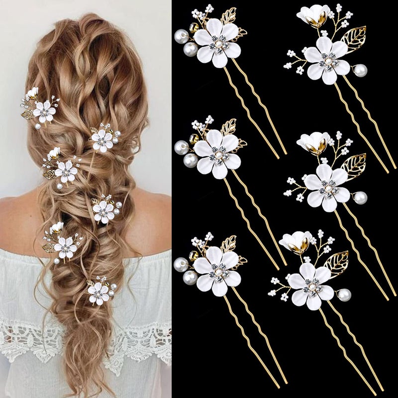LAPOHI 6 Pieces Bridal Flower Wedding Hair Pins Crystal Pearl Hair Pins Clips Headpiece Gold Wedding Hair Accessories Jewelry with Rhinestone for Brides Bridesmaids Women Girls Updo (Cherry Blossoms Pink) - Image 1