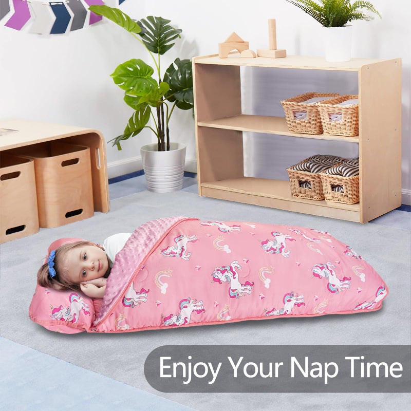 Primlect Thickened Toddler Nap Mat with Removable Pillow and Minky Blanket, Extra Large 55''x35'' Sleeping Bag, Washable, Roll up, Perfect for Daycare, Preschool, Kindergarten, Boys and Girls Pink - Image 3