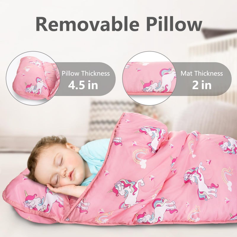 Primlect Thickened Toddler Nap Mat with Removable Pillow and Minky Blanket, Extra Large 55''x35'' Sleeping Bag, Washable, Roll up, Perfect for Daycare, Preschool, Kindergarten, Boys and Girls Pink - Image 4