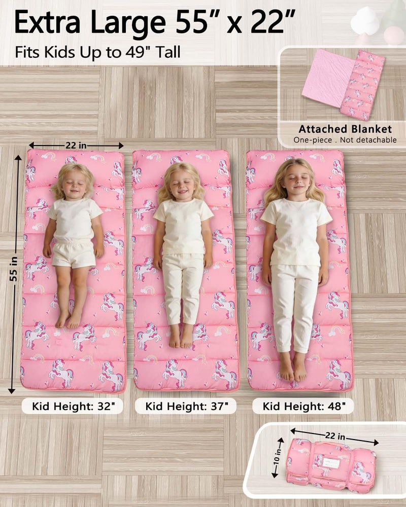 Primlect Thickened Toddler Nap Mat with Removable Pillow and Minky Blanket, Extra Large 55''x35'' Sleeping Bag, Washable, Roll up, Perfect for Daycare, Preschool, Kindergarten, Boys and Girls Pink - Image 2