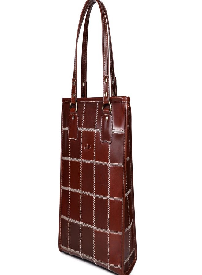 Celtic Genuine Leather Brown Tote Bag with Check Stitch Design and Top Zip Closure - Image 1