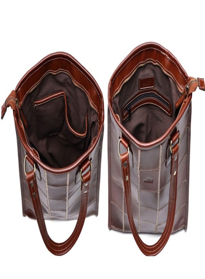 Celtic Genuine Leather Brown Tote Bag with Check Stitch Design and Top Zip Closure - Image 3