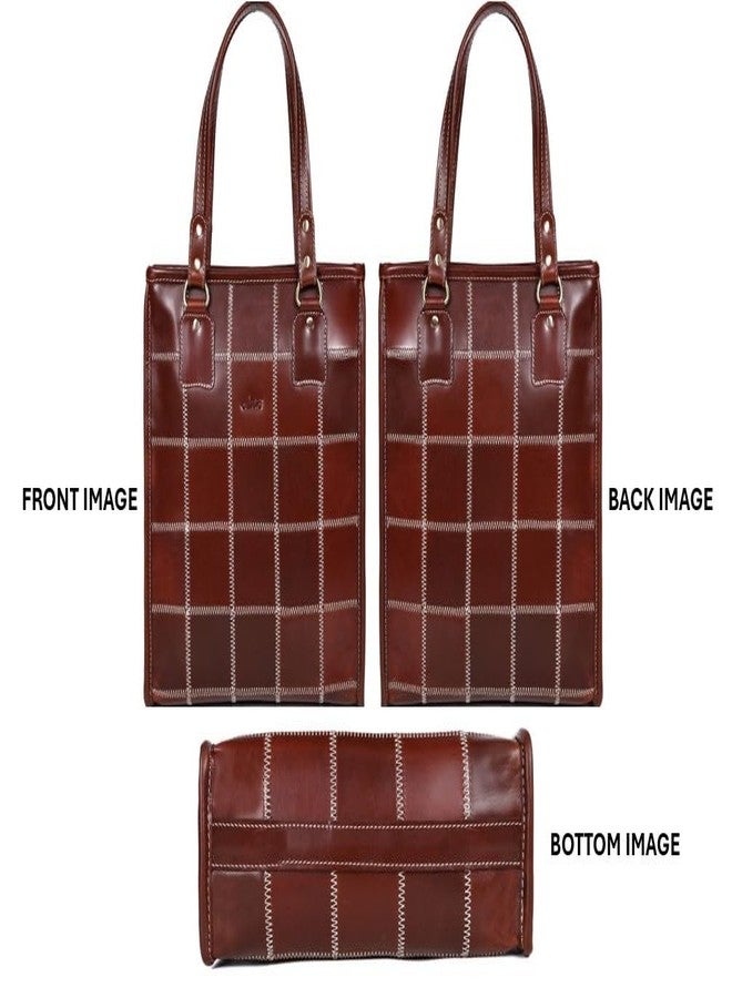 Celtic Genuine Leather Brown Tote Bag with Check Stitch Design and Top Zip Closure - Image 4