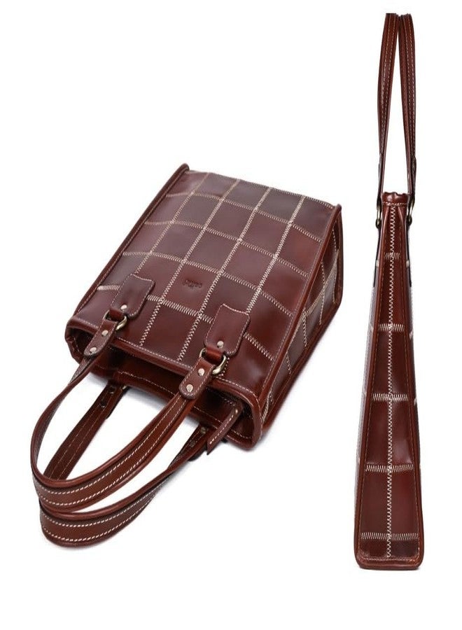 Celtic Genuine Leather Brown Tote Bag with Check Stitch Design and Top Zip Closure - Image 5