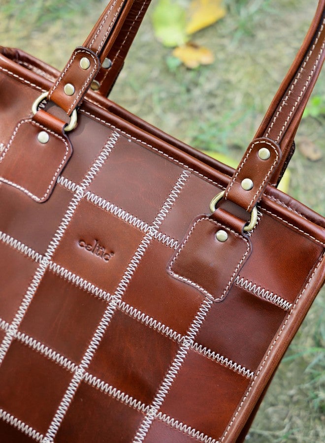Celtic Genuine Leather Brown Tote Bag with Check Stitch Design and Top Zip Closure - Image 2