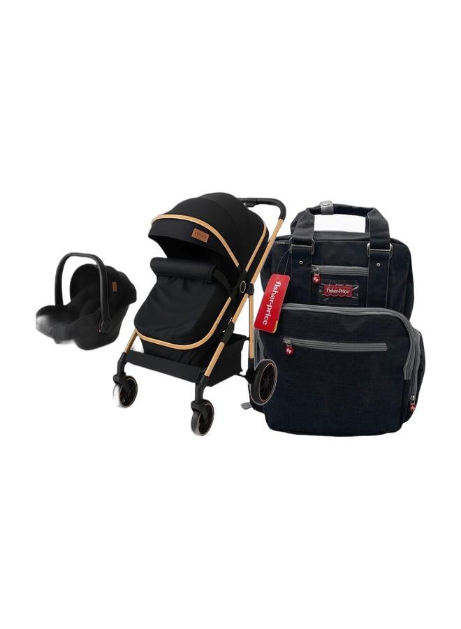 DEHKAH 4-in-1 Stroller Travel System – Stroller, carry-cot , Car Seat & Stylish Mommy Bag & Fisher-Price Divided Diaper Bag for Baby – Multi-Compartment Waterproof Organizer Bag Bundle - Image 1